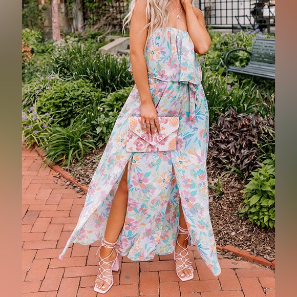 3/$25! NEW!! Emily Wonder Multi Floral Flounce Top Strapless Boutique Maxi Dress - Picture 3 of 9